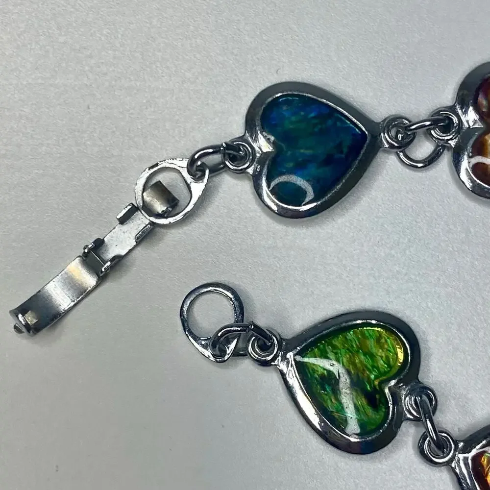 Multi Color Silver Tone Abalone Shell Heart Link Bracelet Vintage Y2K